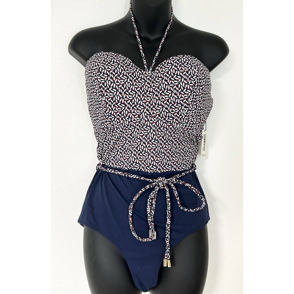 NWT HUIT Marine 1 Piece Swimsuit 38D Navy Red Geometric NWT CRO-01 Beach Cruise!
